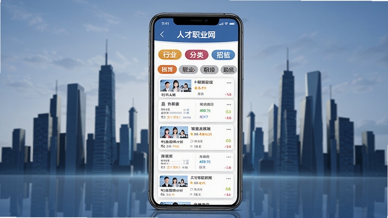 人才职业网海量职位库界面图,手机屏幕展示多行业分类标签与职位卡片列表,背景为城市建筑剪影,体现招聘规模与覆盖面