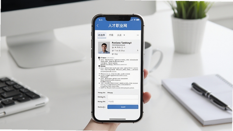 人才职业网简历编辑界面图,手机屏幕展示简历模板选择与个人信息填写页面,背景为简约办公桌面,风格清爽