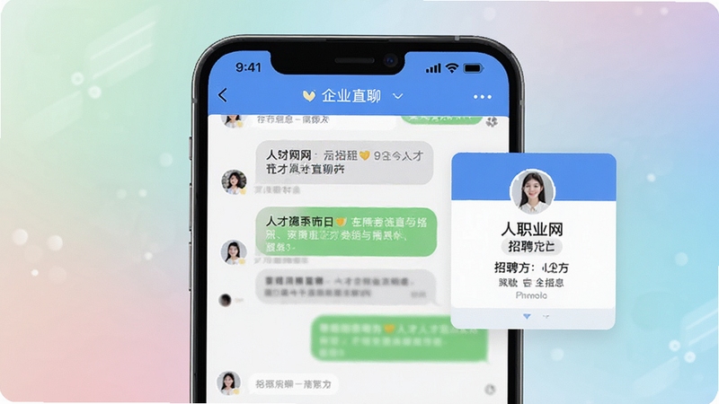 人才职业网企业直聊界面图,手机屏幕显示聊天对话框与招聘方信息卡片,背景为柔和渐变色彩,突出沟通便捷性