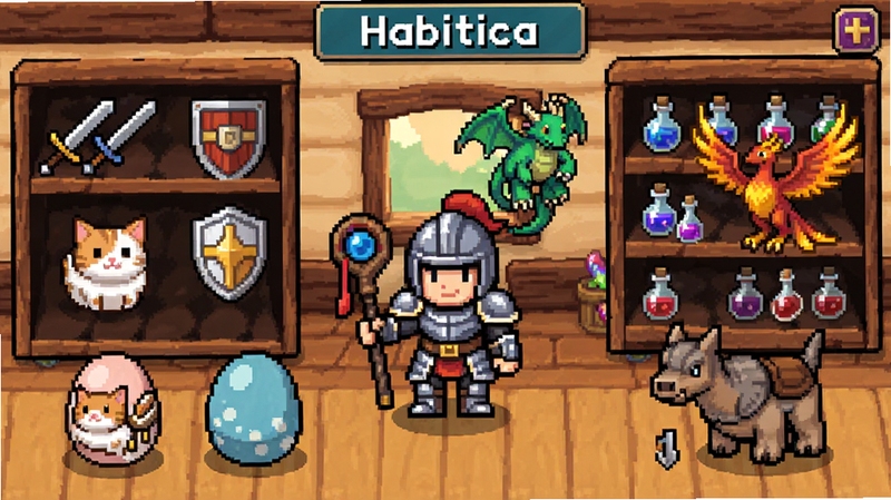 Habitica ��ɫװ���̵������������棬չʾ���ط��ɫ���������ֳַ��ȣ���Χ������è��������˵ȳ��ﵰ������̵�����ϰڷ��Ž������ƺ�ҩˮ����������ܰ��ľ���ڲ���ɫ�ʷḻ�������ռ���������Ȥ