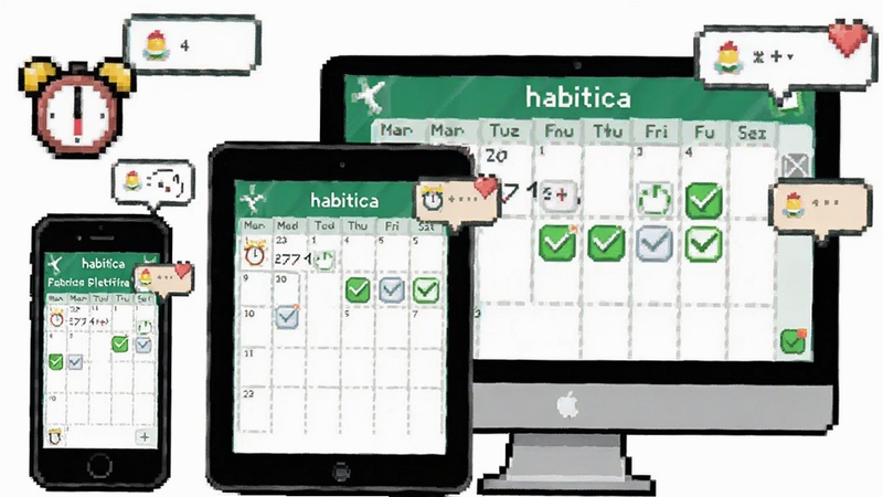 Habitica ��ƽ̨ͬ�����������ѽ��棬չʾ�ֻ���ƽ��͵���������Ļ������ʾͬһ�����б��������ϱ���������δ���ͼ�꣬������֪ͨ����Ư������Χ�����ط��ͳһ��ͻ�����Эͬ��ʱ�����