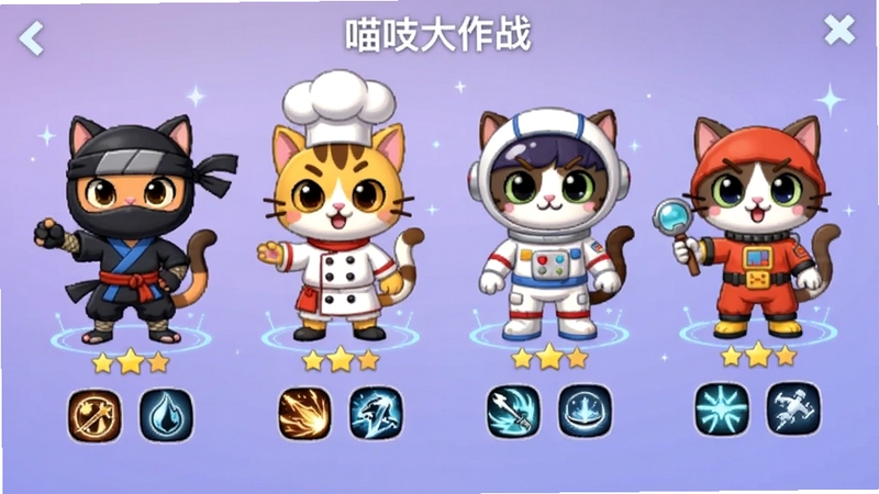 ��֨����ս��ɫѡ����棬��������������ֻ��ͬװ��Ŀ�ͨè�䣬�ֱ������ߡ���ʦ���Ա�ȷ��Σ�ÿֻè���·���ʾ�Ǽ��뼼��ͼ�꣬����Ϊ��͵Ľ�����ɫ��������ɰ��Ҹ��пƼ���