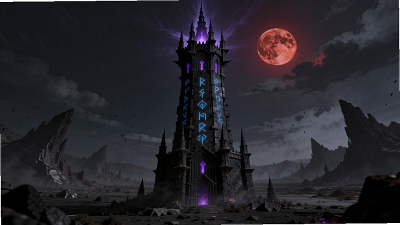DarkTower暗黑风格塔楼外观全景,画面中央矗立一座高耸入云的黑色石塔,塔身布满幽蓝色符文纹路,塔顶散发暗紫色光芒,背景为荒芜的破碎大地与猩红月亮,整体色调偏暗黑奇幻风格,适配Boogu模型生成