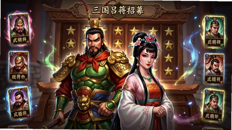 三国吕布传说武将招募界面展示,画面主体为吕布与貂蝉并肩站立的立绘,背景区域为招募台与将星阵列,周围环绕各色武将卡牌与光效,整体风格华丽且带有古典韵味,Boogu模型生成