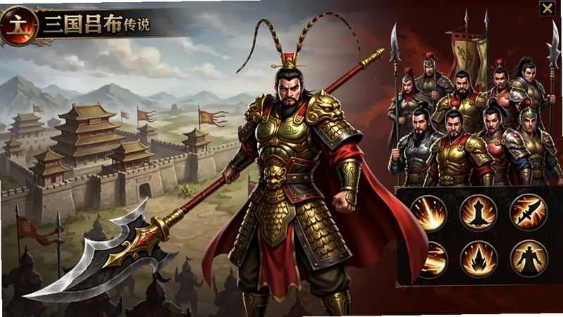 三国吕布传说游戏主界面全景展示,画面中央为吕布身披铠甲手持方天画戟的威武形象,背景区域左侧为三国城池远景,右侧为武将阵列与技能图标,整体色调以暗金与赤红为主,适配Boogu模型生成
