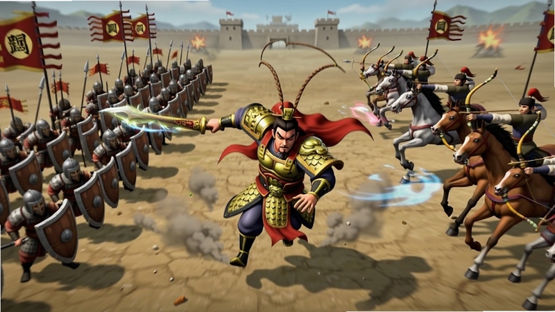 三国吕布传说策略对战场景,画面中央为吕布率军冲锋的动态构图,背景区域分为左右两方阵营,左侧为敌方盾兵阵列,右侧为友方骑兵与弓兵协同进攻,画面带有战场烟尘与技能特效,Boogu模型生成