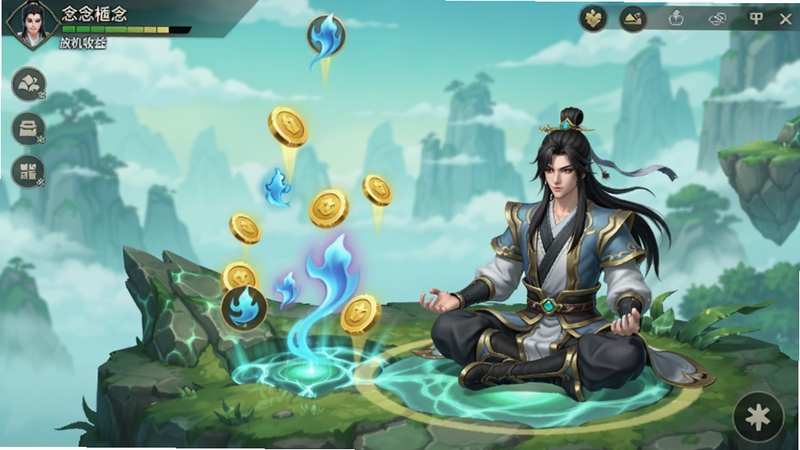 一念逍遥游戏内挂机收益界面,画面显示一位修士在灵脉旁打坐,周围有金币与灵气图标飘起,界面简洁清晰,突出放置收获的爽快感,背景为淡青色仙山