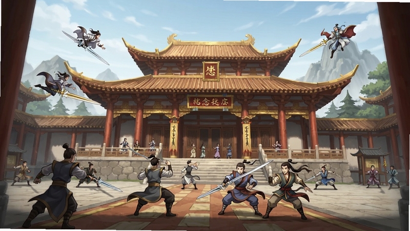 一念逍遥宗门场景,画面中央有一座宏伟的宗门大殿,周围有修士御剑飞行,殿前广场上有弟子在切磋,整体色调以朱红与金色为主,展现宗门社交的热闹氛围