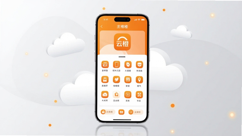 软件云橙核心全貌展示,画面主体为一部智能手机屏幕,屏幕中央显示云橙应用的主界面,界面以橙色和白色为主色调,图标排列整齐,背景区域为柔和的浅灰色渐变,周围点缀着抽象的云朵和橙色小圆点,整体风格简洁现代,适配Boogu模型生成