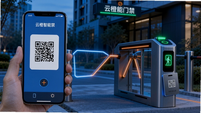 云橙智能门禁功能展示,画面主体为手机屏幕显示二维码开门界面,背景区域为现代化小区入口闸机,闸机上方有绿色通行指示灯,画面细节包括手机、闸机、门禁卡等元素,整体色调以蓝色和橙色为主,科技感强