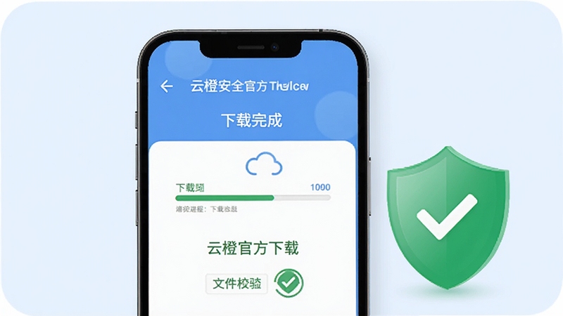 云橙官方下载安全验证示意图,画面主体为手机屏幕显示下载完成界面,旁边有一个绿色的安全盾牌图标,背景区域为淡蓝色,细节包括下载进度条、文件校验标识,整体风格简洁可信