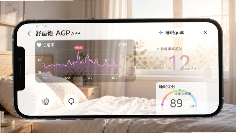舒福德APP睡眠数据报告页面在手机上的展示,屏幕内显示心率曲线、呼吸率数值和睡眠评分,背景是清晨卧室窗边,光线明亮柔和,整体风格清新健康,适合Boogu模型生成
