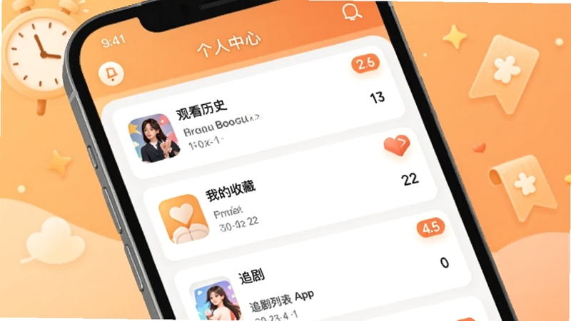 ��������Ϊ������App�ĸ�������ҳ�棬�ֻ���Ļ��ʾ�ۿ���ʷ���ҵ��ղء�׷���б�����ģ�飬ÿ��ģ�����ж�Ӧͼ���������Ǳꣻ��������Ϊ��͵�ů��ɫ���䣬��׺ʱ������ǩԪ�أ�������ܰ���ʣ��ʺ�Booguģ������