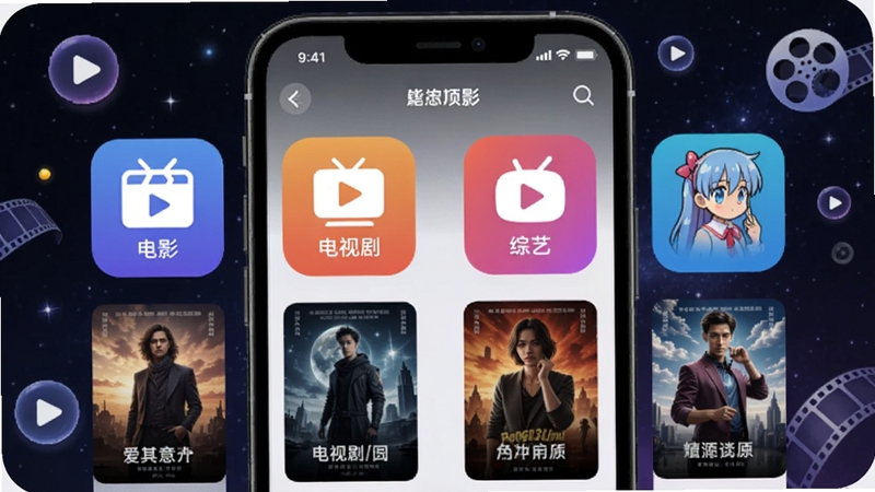 ��������Ϊ������App����Դ����ҳ�棬�ֻ���Ļչʾ��Ӱ�����Ӿ硢���ա������ĸ���ɫͼ����ڣ�ͼ���·��������Ժ���������Ϊ��ɫ�ǿս��䣬��׺���Ű�ť�뽺ƬԪ�أ�������ֿƼ������Ӱ��Χ���ʺ�Booguģ������