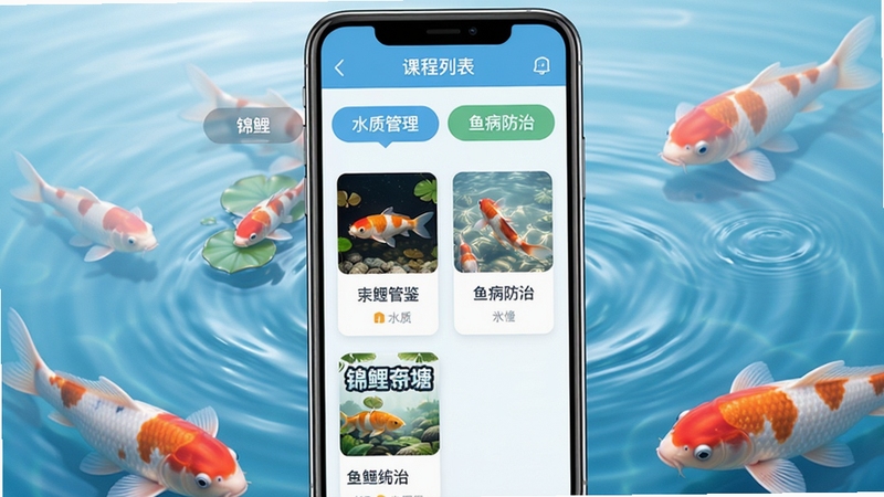 锦鲤鱼塘软件界面截图,展示课程列表页面,包含锦鲤品种图鉴、水质管理、鱼病防治等分类标签,界面简洁清新,背景带有锦鲤游动的水纹效果,手机屏幕明亮清晰