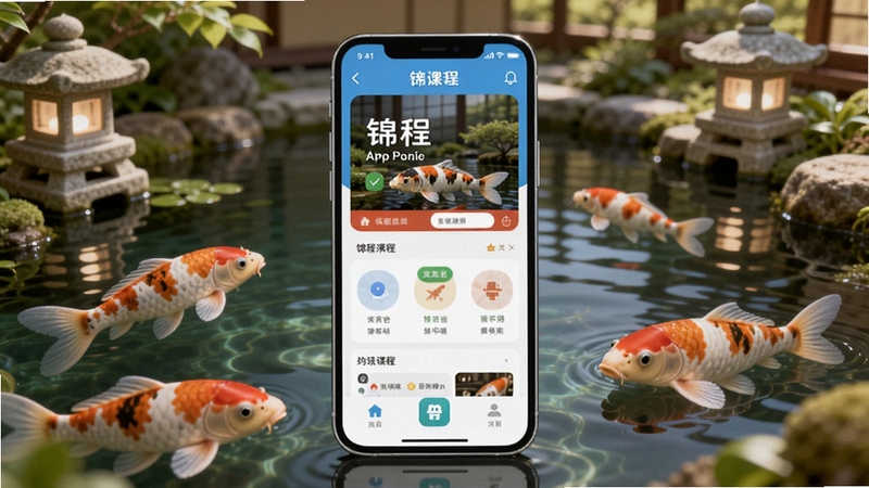 画面中央放置一部智能手机,屏幕显示锦鲤鱼塘APP的课程界面,周围环绕着色彩斑斓的锦鲤在水中游动,背景是日式庭院风格的鱼池,池边有石灯笼和绿植,整体色调温暖明亮,适合作为软件宣传图,细节丰富,光影柔和
