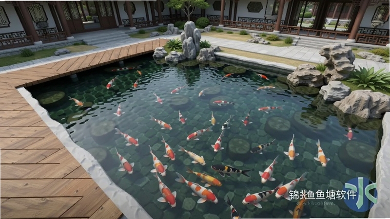俯视角度展示一个设计精美的锦鲤鱼池,池水清澈见底,锦鲤在水中游动,池边有木质栈道和景观石,远处是中式庭院建筑,画面带有锦鲤鱼塘软件的水印标识,整体风格写实自然