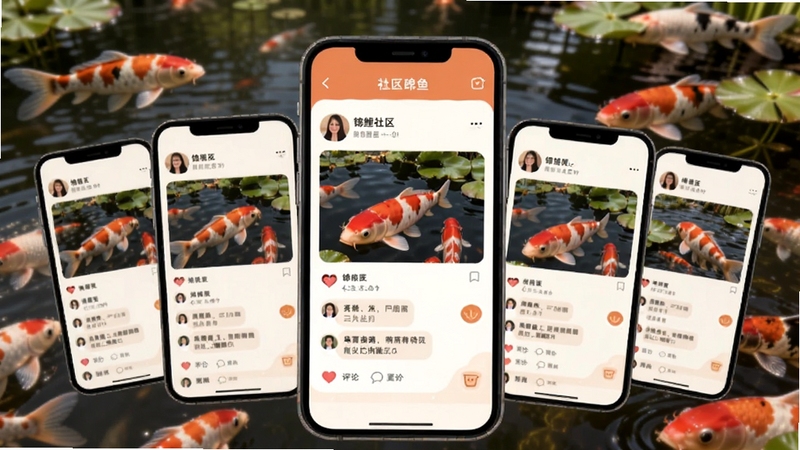 锦鲤鱼塘社区互动界面,展示用户发布的锦鲤照片和评论留言,界面温暖活泼,多部手机排列展示不同用户的动态,背景是锦鲤池塘的虚化影像,整体氛围轻松愉快