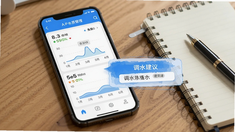 锦鲤鱼塘APP水质管理界面截图,显示各项水质指标的数据图表和调水建议提示框,界面配色以蓝色和白色为主,清爽专业,手机放置在木质桌面上,旁边有笔记本和笔