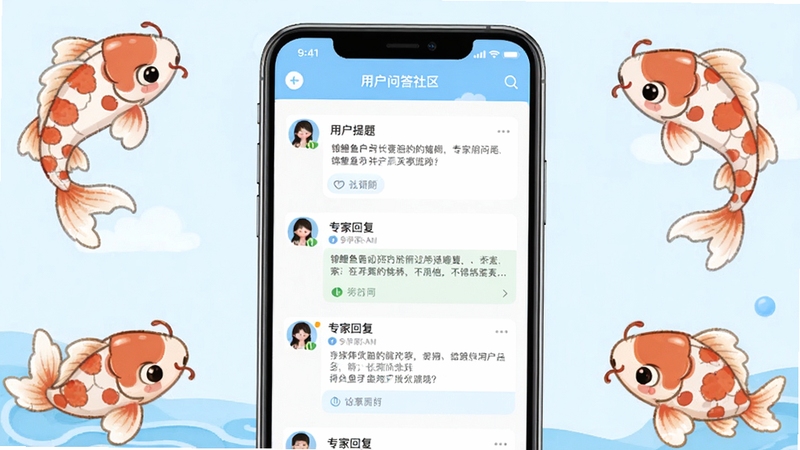 锦鲤鱼塘APP问答社区界面截图,展示用户提问和专家回复的对话列表,界面设计简洁友好,配色以白色和浅蓝色为主,手机屏幕清晰,周围有锦鲤卡通插画装饰