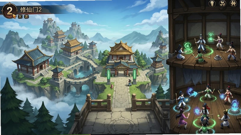 修仙门派2游戏主界面截图,展示宗门全景与弟子修炼场景