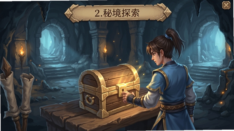 修仙门派2秘境探索界面,弟子在洞府中发现宝箱