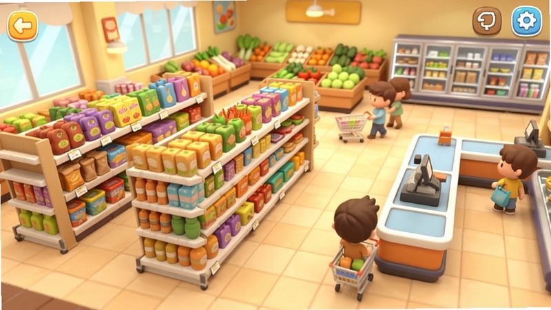 Boogu AI生成图片:一款3D超市模拟经营游戏场景,画面主体为明亮的现代化超市内部,中央过道两侧摆满五颜六色的商品货架,货架坐标居中偏左,右侧为收银台区域,背景区域为生鲜区和冷柜区,有卡通风格的顾客推着购物车行走,整体色调温暖明亮,游戏界面风格,高清渲染,超市模拟器3D