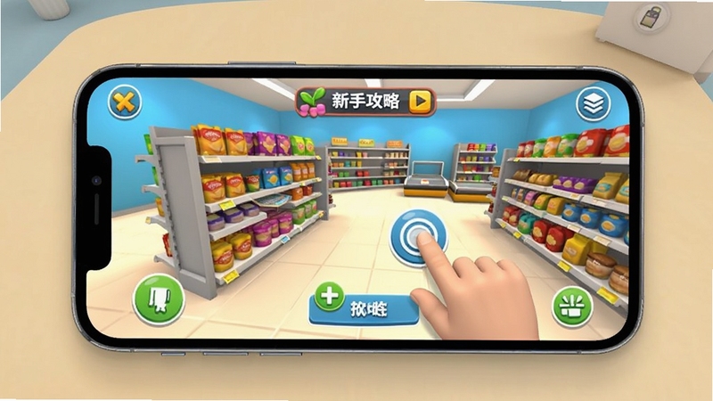 Boogu AI生成图片:3D超市模拟器游戏新手教学界面,画面主体为手机屏幕中显示的游戏操作引导画面,手机坐标位于画面中央,背景区域为简洁的浅色桌面环境,屏幕中可见超市货架和手指点击操作的示意图标,整体风格清新明快,超市模拟器3D新手攻略