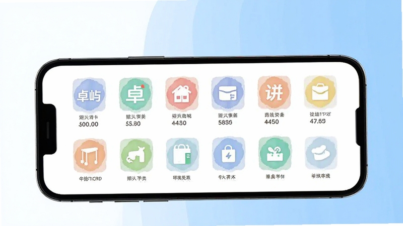 卓屿商城商品分类页面展示,画面中手机屏幕显示多个商品分类图标整齐排列,背景为白色与浅蓝色搭配,整体风格清新简洁,适配Boogu模型生成