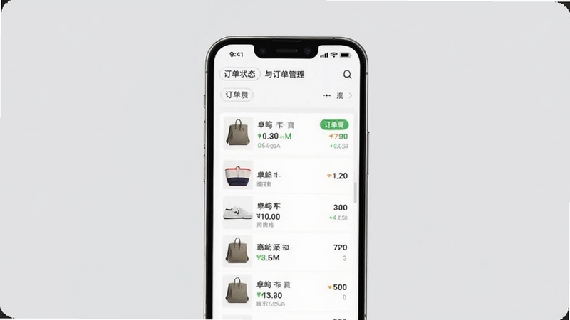 卓屿商城购物车与订单管理界面展示,画面中手机屏幕显示购物车商品列表与订单状态标签,背景为浅灰色,整体风格简约商务,适配Boogu模型生成
