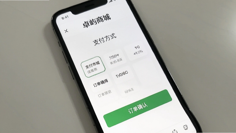 卓屿商城支付结算页面展示,画面中手机屏幕显示支付方式选择与订单确认按钮,背景为白色,整体风格清爽干净,适配Boogu模型生成