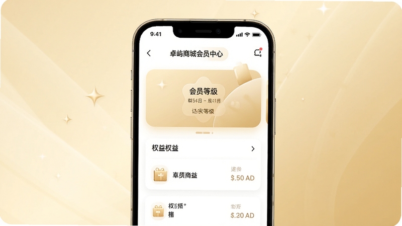 卓屿商城会员中心页面展示,画面中手机屏幕显示会员等级卡片与权益列表,背景为淡金色渐变,整体风格柔和精致,适配Boogu模型生成