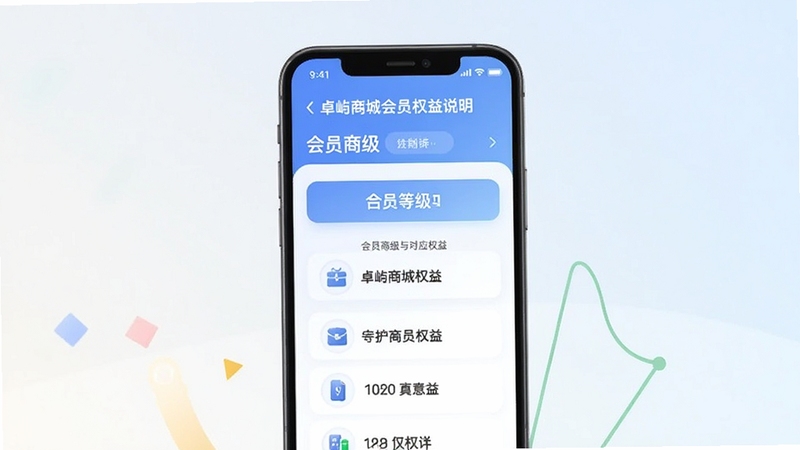卓屿商城会员权益说明页面展示,画面中手机屏幕显示会员等级与对应权益列表,背景为浅色渐变,整体风格简洁清晰,适配Boogu模型生成