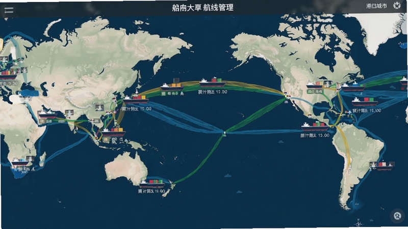 港口城市: 船舶大亨 航线管理界面,画面中展示世界地图上多条不同颜色的航线连接各个港口城市,每艘船图标旁标注货物类型与预计到达时间,UI界面简洁清晰,背景为深蓝色海洋与陆地轮廓,适配Boogu模型生成