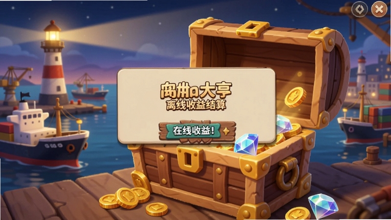 港口城市: 船舶大亨 离线收益结算弹窗界面,画面中显示一个精致的木箱打开后涌出大量金币与钻石,背景是港口夜景,远处灯塔闪烁,整体色调温暖明亮,适配Boogu模型生成