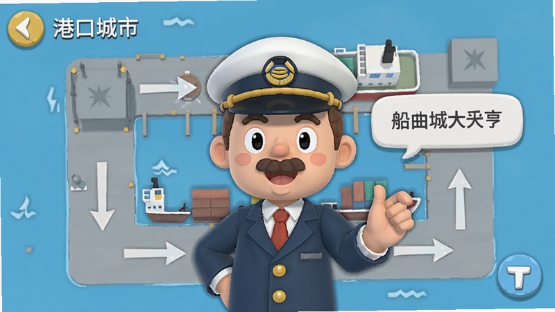 港口城市: 船舶大亨 新手引导界面截图,画面中一位卡通风格的港口经理正在向玩家展示操作手势,背景是简洁的港口平面图,带有箭头指示和文字气泡,整体风格清新友好,适配Boogu模型生成