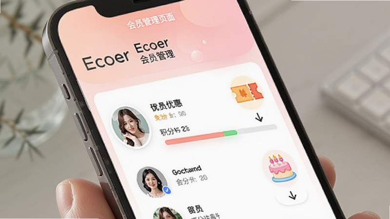 Ecoer �̼Ұ� ��Ա����ҳ�棬�ֻ���Ļ��ʾ��Աͷ���б�����ֽ��������Ա����Ż�ȯͼ������յ���Сͼ�꣬����Ϊ��͵ķ�ɫ���䣬ͻ��Ӫ�����Ա�ػ���Χ