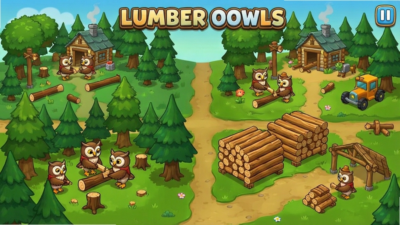 Lumber Owls game scene showing multiple forest areas unlocked, owl workers logging, timber yard with stacked wood, colorful casual game art