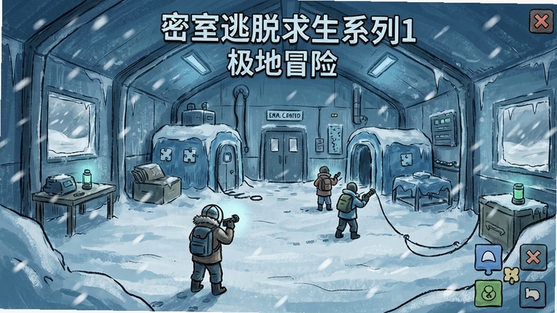密室逃脱求生系列1极地冒险 游戏主界面 极地科考站 暴风雪 手绘风格 冷色调 解谜游戏 画面全貌
