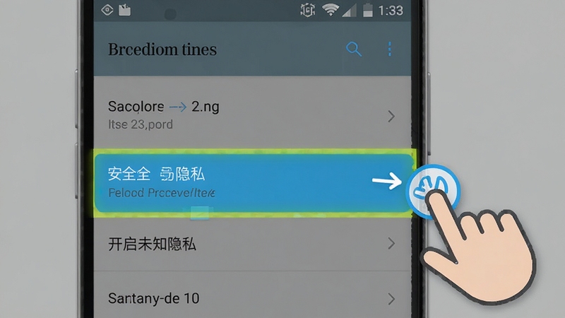 每日英语听力学习版安装权限设置示意图,展示手机屏幕中开启未知来源安装权限的步骤,界面为安卓设置菜单,高亮显示安全与隐私选项,旁边有手指点击图标,背景为简洁的灰色调,突出操作指引