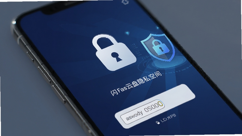 闪存云盘隐私空间加密界面,手机屏幕显示锁形图标和密码输入框,背景为深蓝色,带有安全盾牌元素