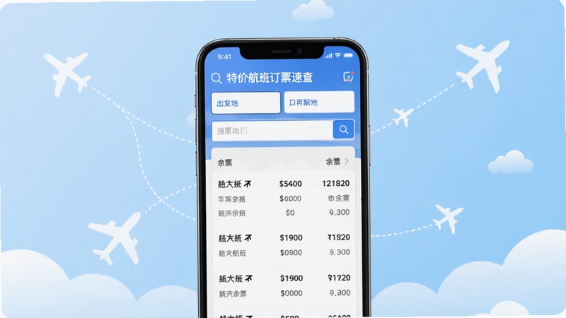 画面中央是一部智能手机,屏幕上显示着特价航班订票速查的搜索界面,出发地与目的地输入框清晰可见,下方列出多条航班价格与余票信息。背景为浅蓝色渐变,点缀简约的飞机航线图标与云朵元素,整体风格清爽现代,适配Boogu模型生成。