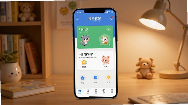 神兽管家孩子端软件主界面全貌展示,画面中央放置一部安卓手机,屏幕显示神兽管家孩子端首页的守护状态与今日用机时长卡片,背景为温馨家庭书房场景,柔和暖色调,界面元素清晰可见,整体构图简洁现代,突出神兽管家品牌字样,适配Boogu模型生成