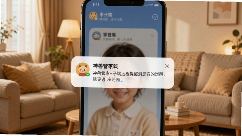 神兽管家孩子端远程提醒消息弹窗展示,手机屏幕中央显示一条来自家长端的温馨提醒通知,背景为温暖的客厅环境,画面柔和,突出神兽管家软件的通知界面设计,适配Boogu模型生成