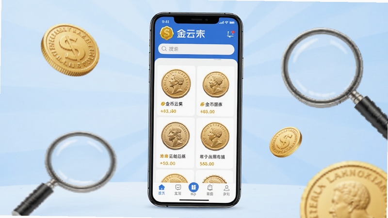 ����Ƽ�Ӧ�ý���ȫ��չʾ�������������ֻ���Ļ��ʾ����Ƽ�APP��ҳ����Ļ�Ϸ��н���Ƽ�Logo�����������в�չʾ�����Ҽ������Ʒ�б����ײ�Ϊ�����˵�������Ϊǳ��ɫ���䣬��Χ��׺��ö��ɫӲ�ҺͷŴ�Ԫ�أ���������������ͻ���ƶ��˽���ƽ̨�ı�ݸ�