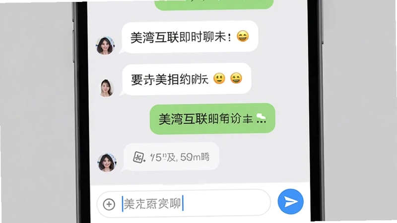 美湾互联即时聊天界面,手机屏幕显示对话气泡与输入框,气泡内含有文字和表情符号,背景为淡灰色,画面右侧有发送按钮,整体色调清新自然