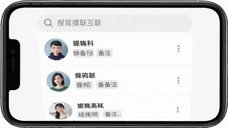 美湾互联联系人管理界面,手机屏幕展示联系人列表,每个条目包含头像、昵称和备注标签,背景为白色,顶部有搜索框,整体排版整洁有序