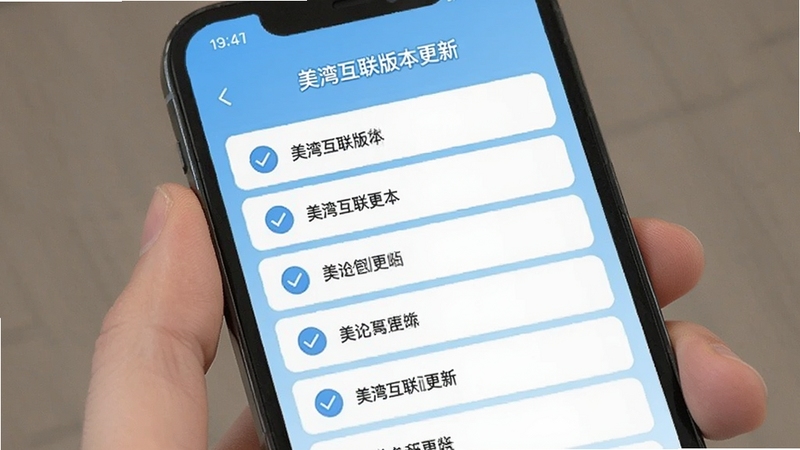 美湾互联版本更新界面,手机屏幕显示更新日志列表,背景为浅蓝色,列表项带有勾选图标,整体风格简洁明快