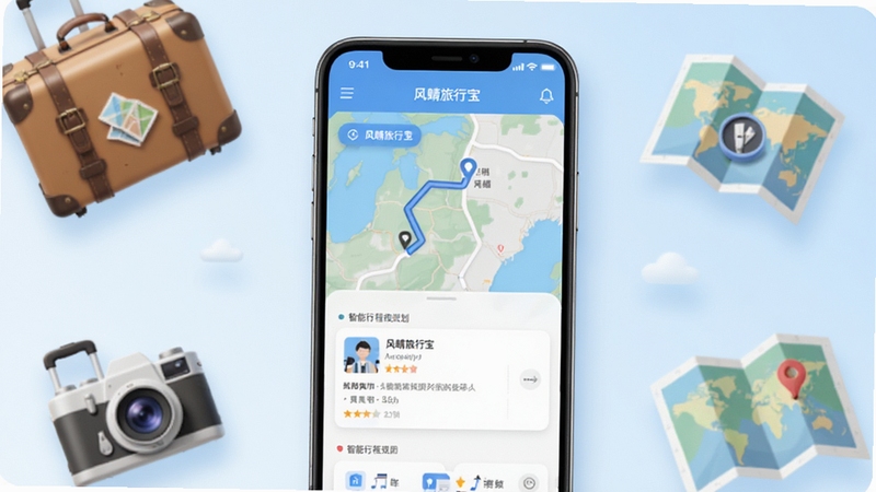 风蜻旅行宝 主界面智能行程规划场景图,画面中央为手机屏幕显示风蜻旅行宝应用界面,地图路线与行程卡片清晰可见,背景为柔和的浅蓝色渐变,周围点缀旅行元素如行李箱、相机、地图图标,整体风格清新明亮,适合软件下载站展示。