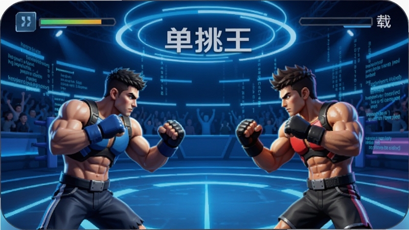 单挑王 下载|单挑王应用主界面展示,画面中央为两名角色对峙的竞技场场景,背景是充满科技感的蓝色光晕与数据流,整体风格简洁明快,突出公平竞技主题